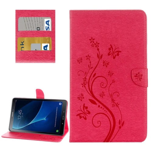 Para Galaxy Tab A 10.1 (2016) / P580 Butterflies Love Flowers Estuche de cuero con tapa horizontal en relieve con soporte, ranuras para tarjetas y billetera (Magenta)