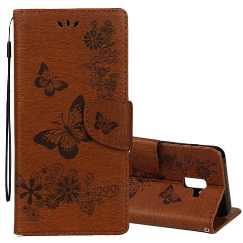 Para Galaxy A8 + (2018) Funda de cuero con tapa horizontal con diseño de mariposa floral en relieve vintage con ranura para tarjeta, soporte, billetera y cordón (marrón)