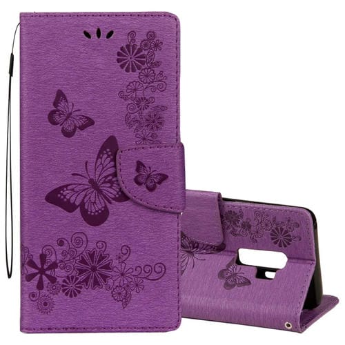 Para Galaxy S9 + Estuche de cuero con tapa horizontal con diseño de mariposa floral en relieve vintage con ranura para tarjeta, soporte, billetera y cordón (púrpura)