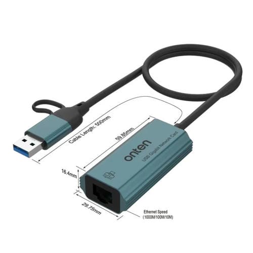 Tarjeta de Red Gigabit USB 3.0 Onten UE101 2 en 1 con Puerto de Red USB-C y Concentrador USB (Azul)