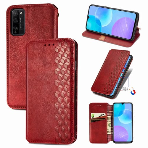 Para Huawei Honor 30 Lite Estuche de cuero de PU magnético con rejilla cúbica presionada horizontal con soporte y ranuras para tarjetas y billetera (rojo)