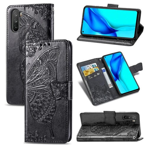 Para Huawei Mate 40 Lite / Maimang 9 Butterfly Love Flower Funda de cuero con tapa horizontal en relieve con soporte, ranuras para tarjetas, billetera y cordón (negro)