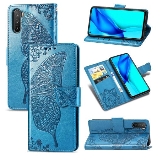 Para Huawei Mate 40 Lite / Maimang 9 Butterfly Love Flower Funda de cuero con tapa horizontal en relieve con soporte, ranuras para tarjetas, billetera y cordón (azul)