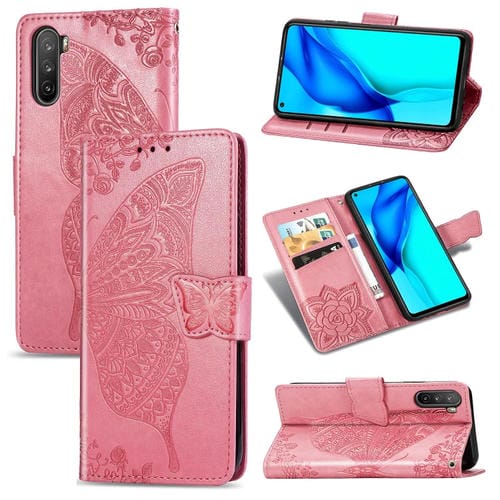 Para Huawei Mate 40 Lite / Maimang 9 Butterfly Love Flower Funda de cuero con tapa horizontal en relieve con soporte, ranuras para tarjetas, billetera y cordón (rosa)