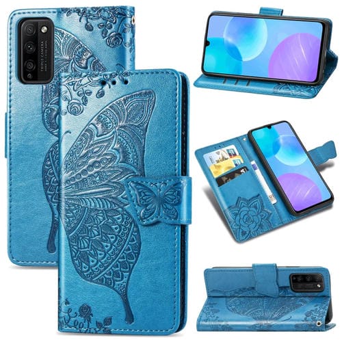 Para Huawei Honor 30 Lite Butterfly Love Flower Funda de cuero con tapa horizontal en relieve con soporte, ranuras para tarjetas, billetera y cordón (azul)