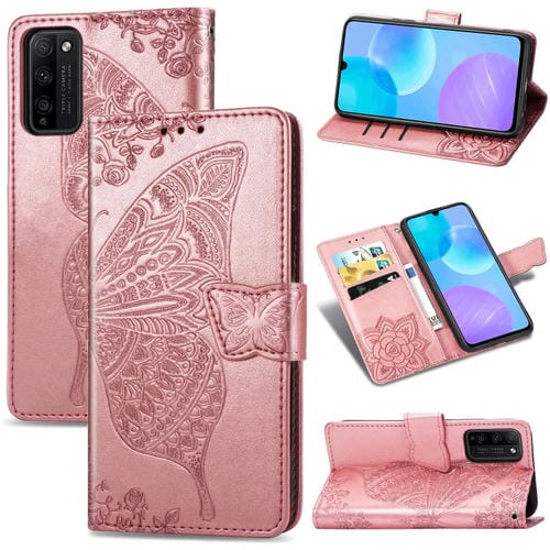 Para Huawei Honor 30 Lite Butterfly Love Flower Funda de cuero con tapa horizontal en relieve con soporte, ranuras para tarjetas, billetera y cordón (oro rosa)