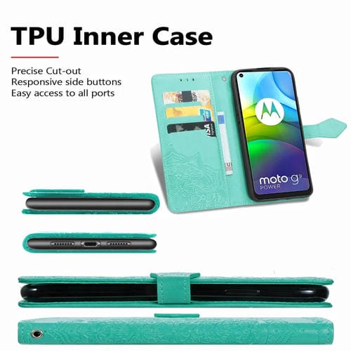 Para Motorola G9 Power Mandala Flower Flower Horizontal Flip Funda de cuero con soporte y tragamonedas de tres tarjetas y billetera y cordón (verde)