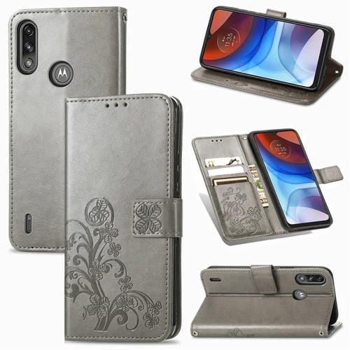 Para Motorola E7 Potencia Cierre de cuatro hojas con hebilla en relieve Protección de teléfono móvil Funda de cuero con cordón y ranura para tarjeta y función de soporte y soporte (gris)