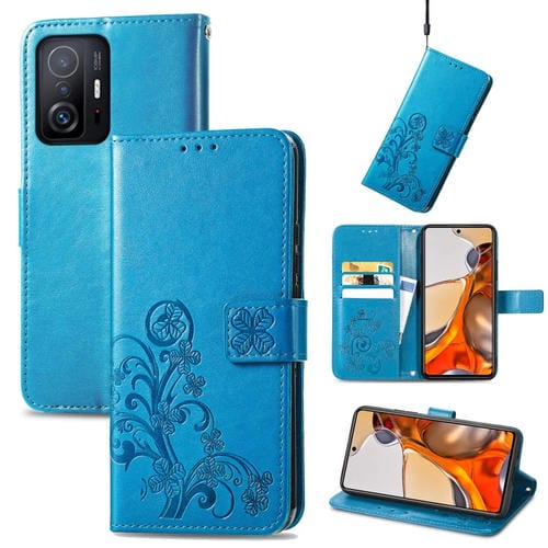 Para Xiaomi Mi 11T / 11T PRO Funda de cuero en relieve de cierre de cuatro hojas con cordón y ranura para tarjetas y billetera y soporte (azul)