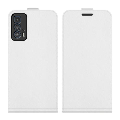 Para Motorola Edge 20 Pro R64 Textura de la funda protectora de cuero con giro vertical con una sola tragamonedas y marco de fotos (blanco)