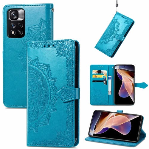 Mandala Flower en relieve Funda para teléfono de cuero para Xiaomi Redmi Note 11 PRO / 11 PRO + (AZUL)