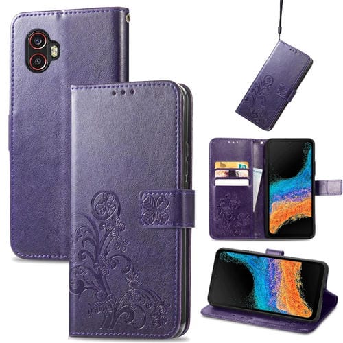 Estuche para Teléfono Samsung Galaxy Xcover6 Pro Cuero con Hebilla de Cierre En Relieve de Cuatro Hojas (Púrpura)