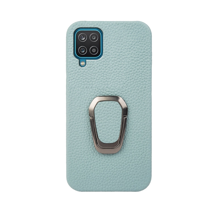 Para Samsung Galaxy A12 Ring Holder Litchi Texture Funda de cuero genuino para teléfono (cian)