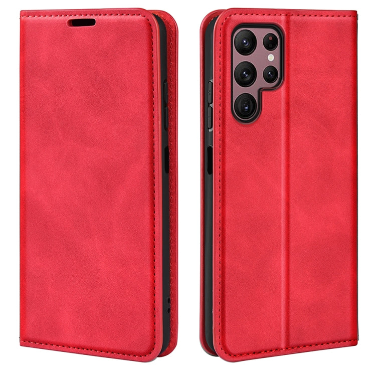 Para Samsung Galaxy S23 Ultra 5G Funda de cuero con succión magnética de piel retro (Rojo)