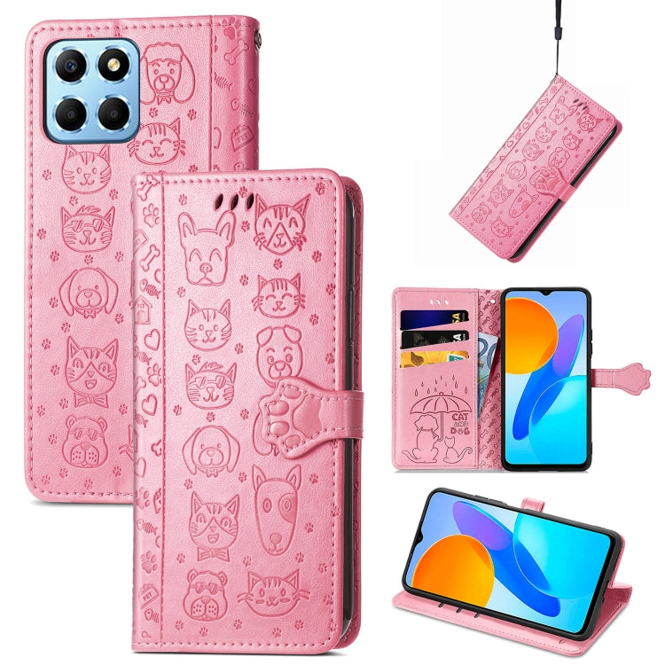 Estuche de Cuero en Relieve para Honor X8 5G Cute Cat And Dog (Rosa)