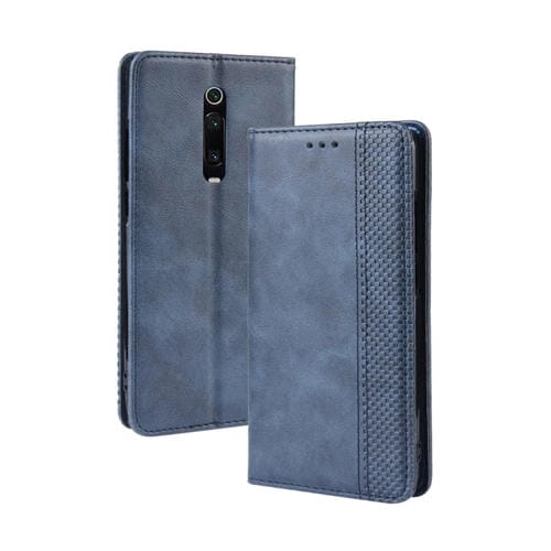 Funda de Cuero con Tapa Horizontal con Textura de Caballo Loco Retro con Hebilla Magnética para Xiaomi Redmi K20 / K20 Pro, con Soporte, Ranuras para Tarjetas y Marco de Fotos (Azul)