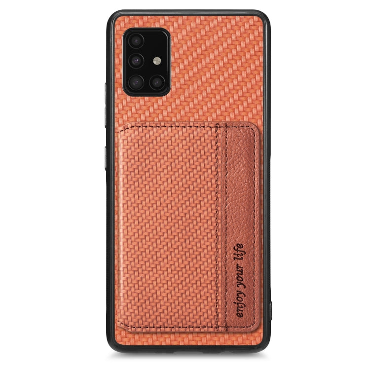 Para Samsung Galaxy A51 5G Fibra de Carbono Tarjeta Magnética Cartera Funda para Teléfono (Marrón)
