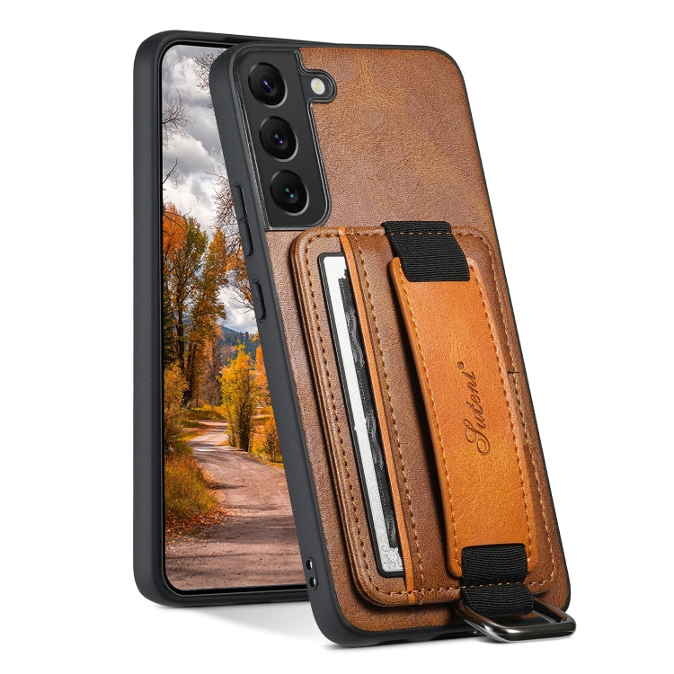 Para Samsung Galaxy S22 5G Suteni H13 Card Wallet Wrist Strap Holder PU Phone Case (Marrón)