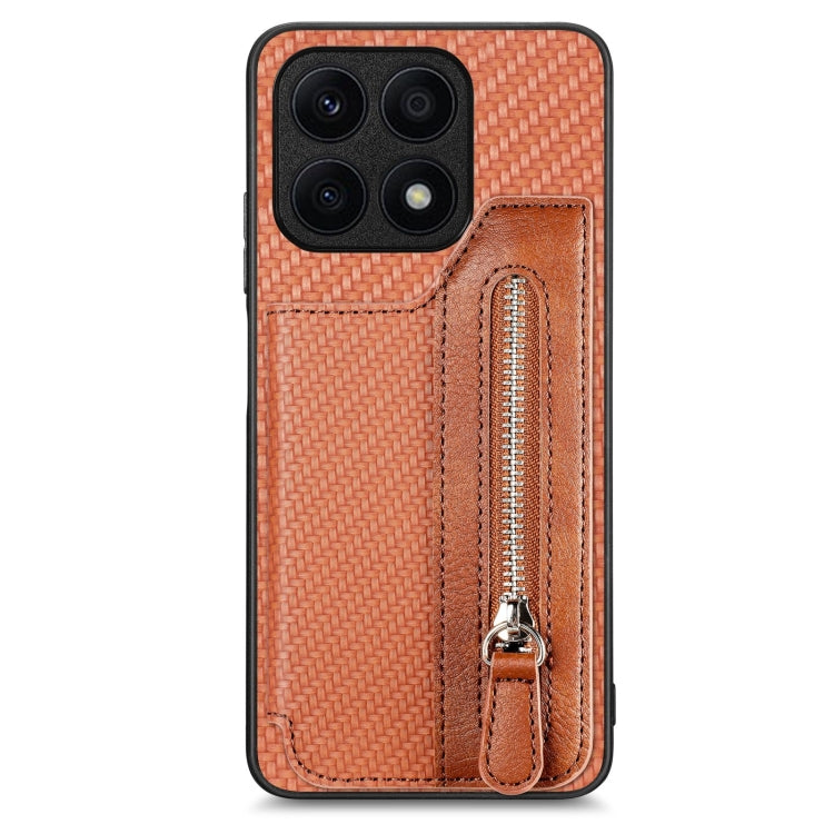 Estuche para Honor X8A con Billetera y Cremallera Horizontal de Fibra de Carbono (Marrón)