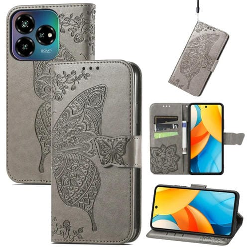 Funda de Cuero con Relieve Mariposa y Flor para ZTE Blade V60 Vita (Gris)