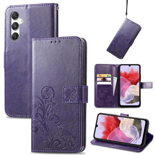 Funda para Samsung Galaxy M34 5G Cuero Hebilla En Relieve Cierre Cuatro Hojas (Púrpura)