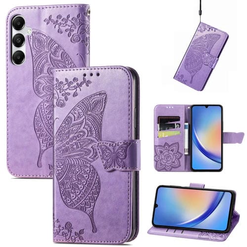 Funda para Teléfono Samsung Galaxy A35 5G Cuero Relieve Flor Amor y Mariposa (Púrpura Claro)