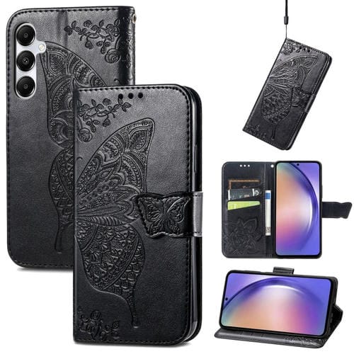 Funda para Teléfono Samsung Galaxy A55 5G Cuero Relieve Flor Amor y Mariposa (Negro)