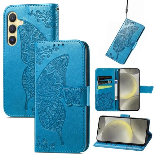 Funda Cuero Samsung Galaxy A36 Relieve Mariposa y Flor (Azul)