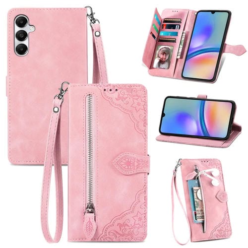 Funda de Cuero Samsung Galaxy A05S con Cremallera y Flores en Relieve (Rosa)