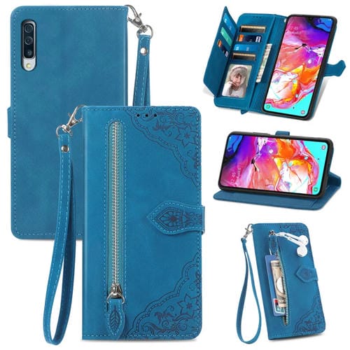 Funda para Samsung Galaxy S24 Ultra 5G Cuero Cremallera Flores en Relieve (Azul)