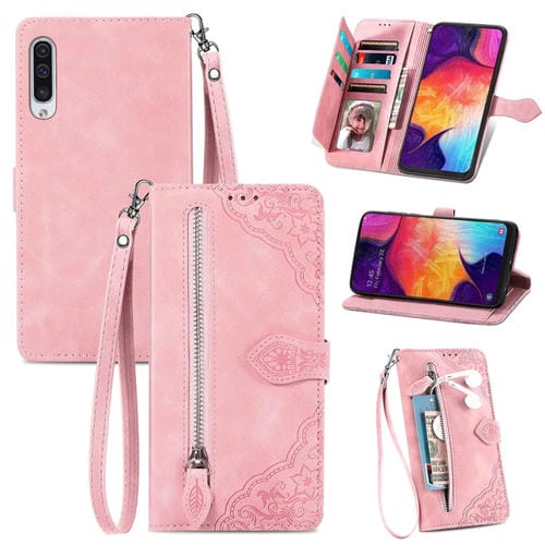 Funda de Cuero para Samsung Galaxy A15 con Cremallera y Flores en Relieve (Rosa)