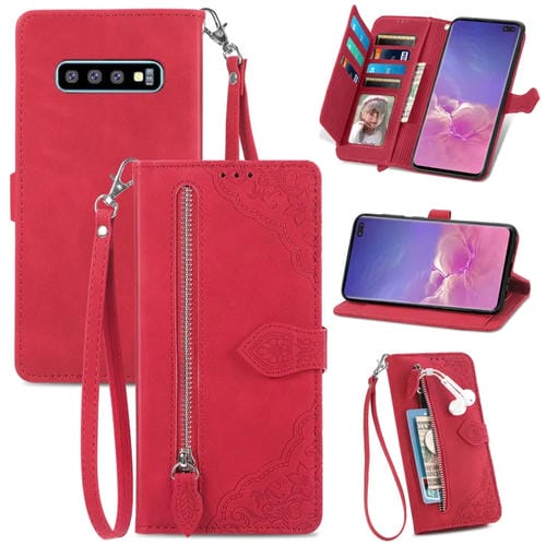 Funda de Cuero para Samsung Galaxy S10 + con Cremallera y Flores en Relieve (Rojo)