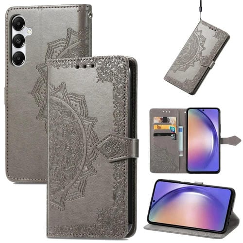 Funda para Teléfono Samsung Galaxy A55 5G Cuero con Relieve de Flor de Mandala (Gris)