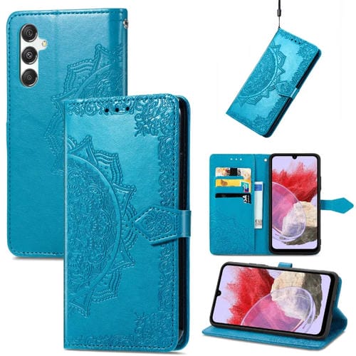 Funda para Teléfono Samsung Galaxy M34 5G Cuero con Relieve de Flor de Mandala (Azul)