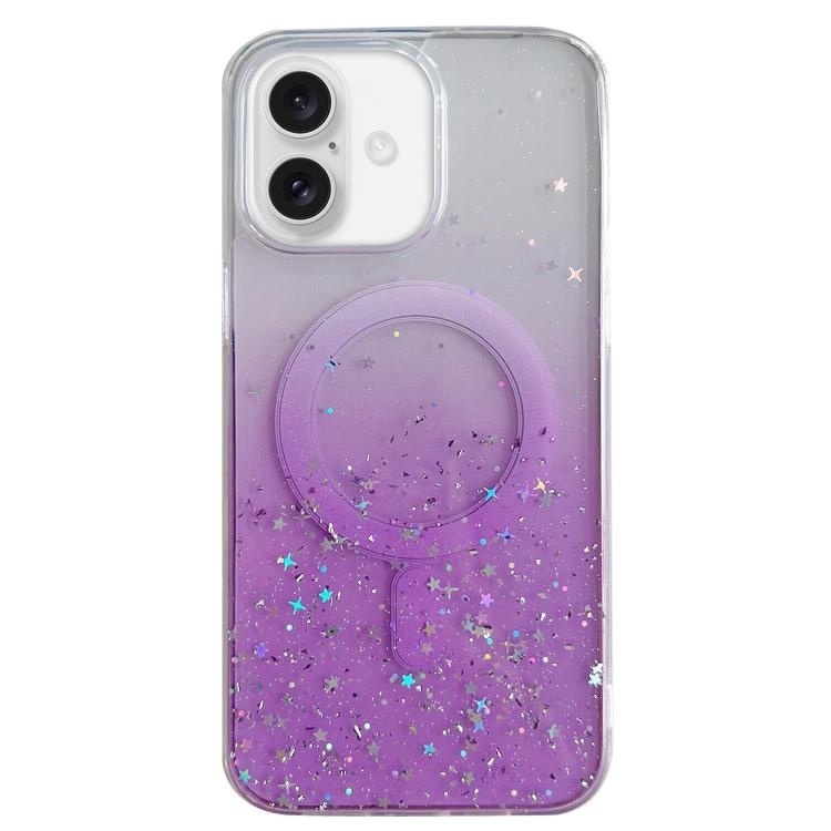 Funda híbrida de TPU transparente con purpurina MagSafe para iPhone 16 (morada)