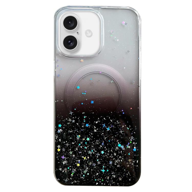 Funda híbrida de TPU transparente con purpurina MagSafe para iPhone 16 Plus (negra)