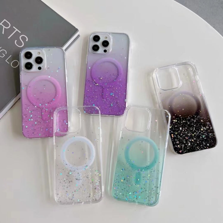 Funda híbrida de TPU transparente con purpurina MagSafe para iPhone 16e (morada)