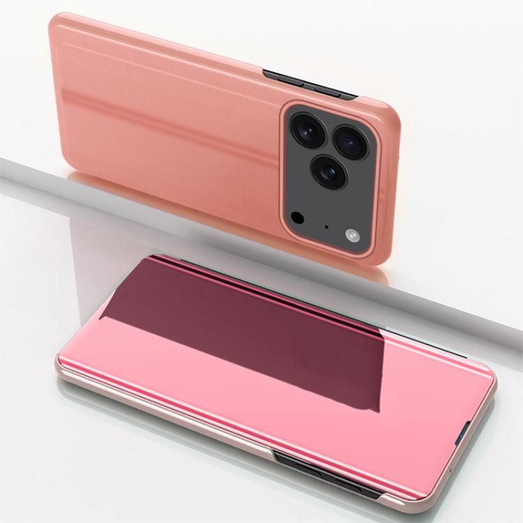 Funda de cuero con tapa horizontal y espejo chapado para iPhone 17 Pro Max con soporte (oro rosa)
