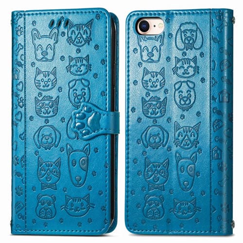 Funda de Piel con Relieve de Gato y Perro para iPhone 16E (Azul)