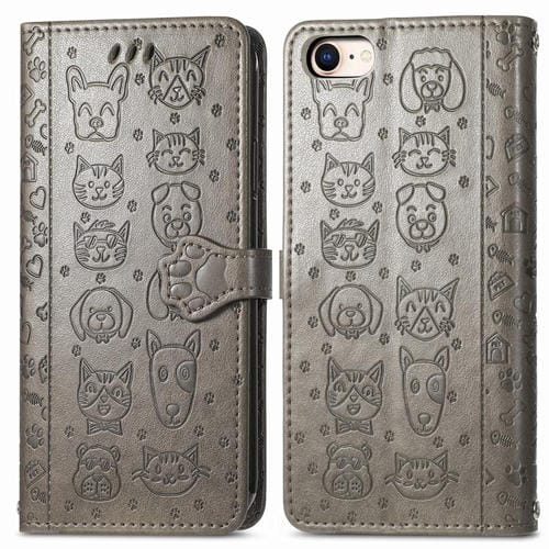 Funda de Piel con Relieve de Gato y Perro para iPhone 16E (Gris)