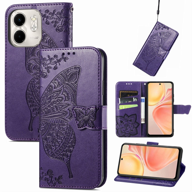 Funda de Cuero con Relieve Mariposa y Flor para Infinix Smart 9 (Morado)