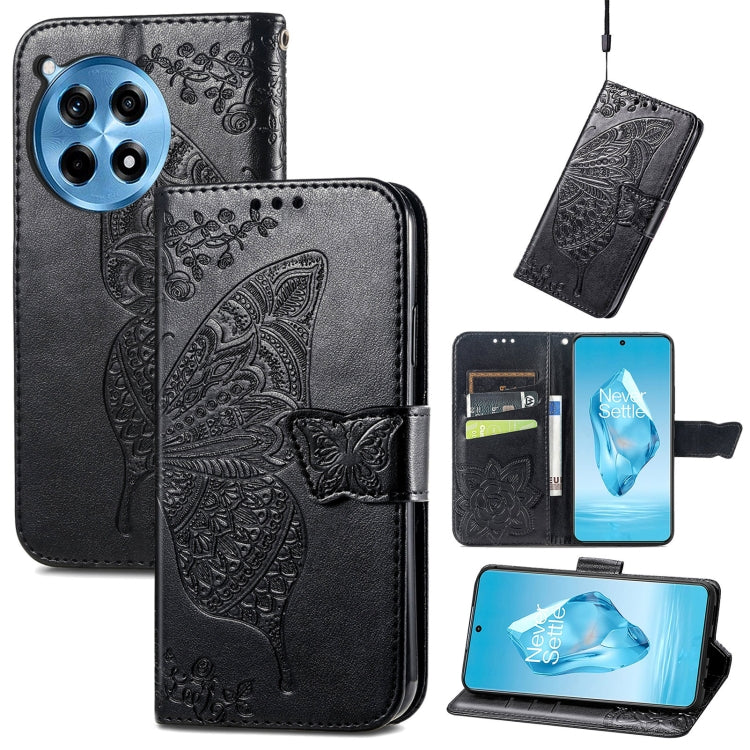 Funda de Cuero para OnePlus Ace 3 Pro con Relieve de Mariposa y Flor (Negra)