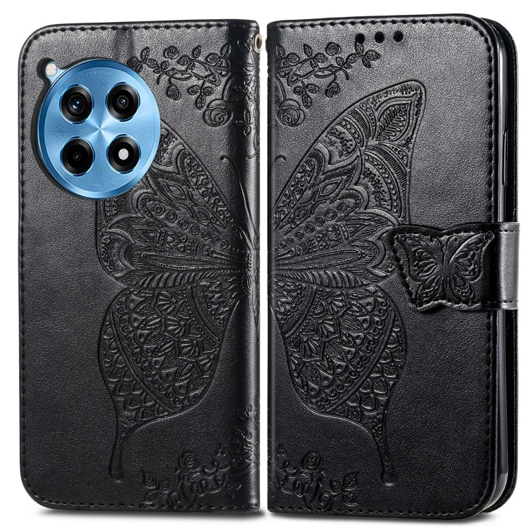 Funda de Cuero para OnePlus Ace 3 Pro con Relieve de Mariposa y Flor (Negra)