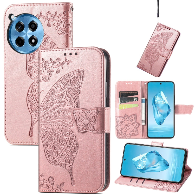 Funda de Cuero para OnePlus Ace 3 Pro con Relieve Mariposa y Flor (Oro Rosa)
