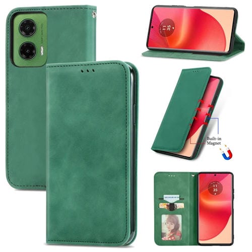 Funda de Cuero con Tapa Magnética para Motorola Moto G35 (Verde) Tacto Retro