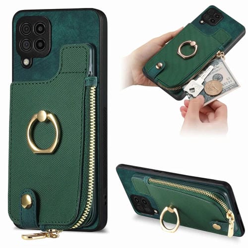 Funda para Teléfono Samsung Galaxy A12 5G con Anillo de Cuero Cruzado Cremallera Vertical y Billetera Trasera (Verde)