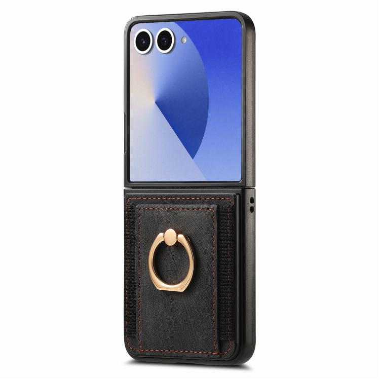 Funda para Samsung Galaxy Z Flip7 5G con diseño retro de piel sintética y tarjetero (negra)