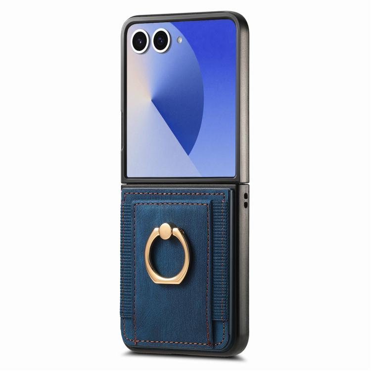 Funda para Samsung Galaxy Z Flip7 5G con diseño retro de piel sintética y tarjetero (azul)