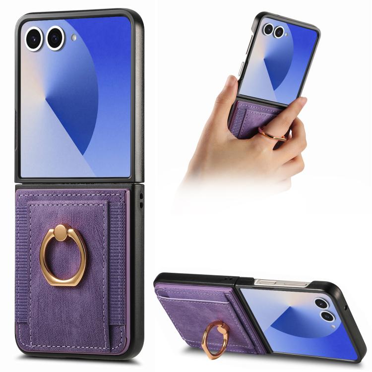 Funda para Samsung Galaxy Z Flip7 5G con diseño retro de piel sintética y tarjetero (morado)