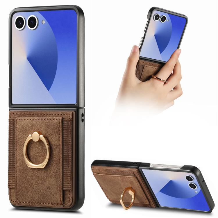 Funda para Samsung Galaxy Z Flip7 5G con diseño retro de piel sintética y tarjetero (marrón)